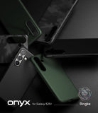 Galaxy S25 Plus Case | Onyx - Multiple Galaxy S25+ phone cases in black, green, and camo patterns arranged on a dark surface.
