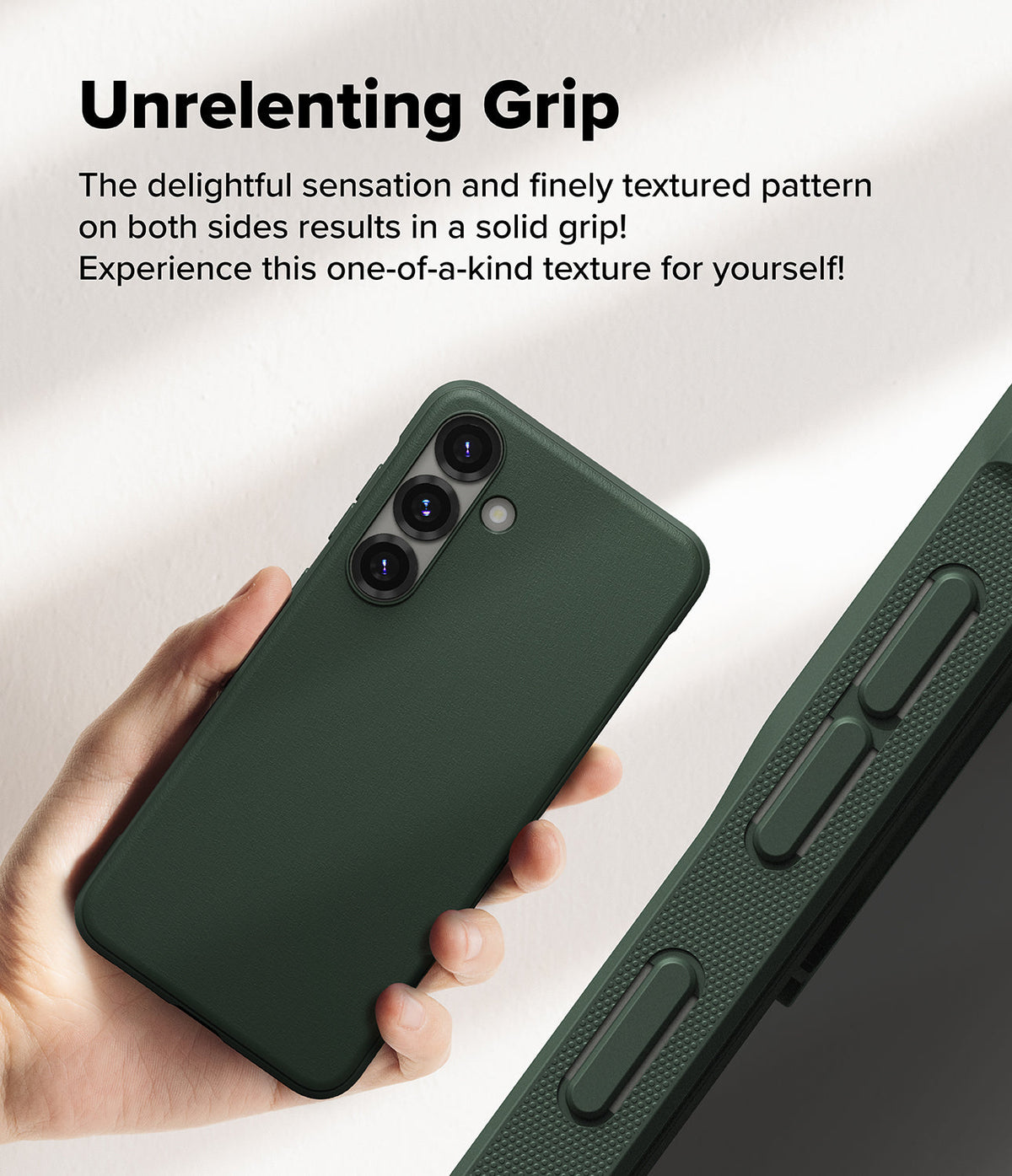 Galaxy S25 Plus Case | Onyx - Hand holding a dark green phone case with a textured grip pattern on the side buttons.