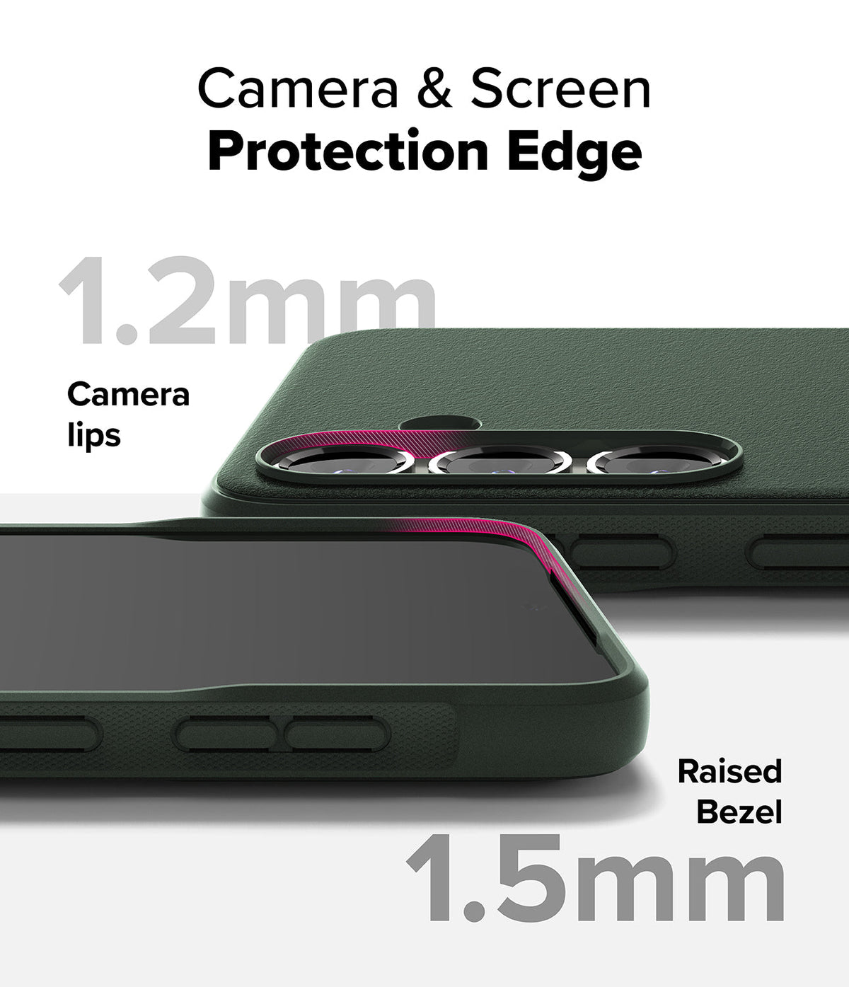 Galaxy S25 Plus Case | Onyx - Dark green phone case highlighting 1.2mm camera lips and 1.5mm raised screen bezel protection.