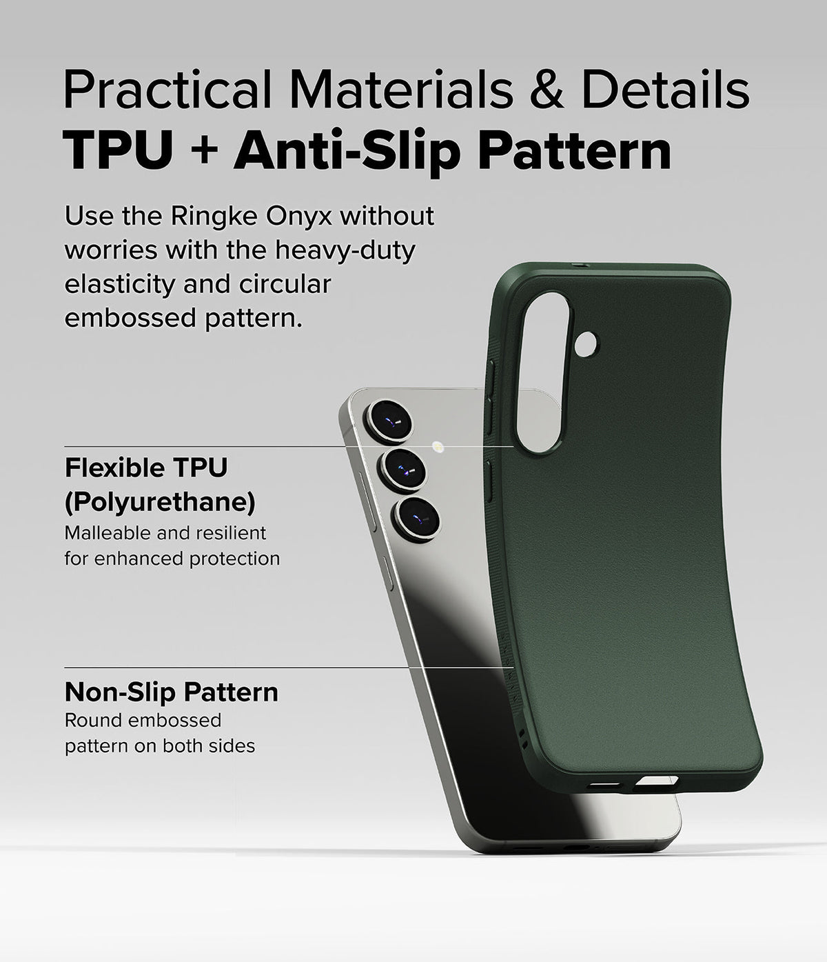 Galaxy S25 Plus Case | Onyx - A flexible dark green phone case being bent, highlighting its TPU material and side grip.