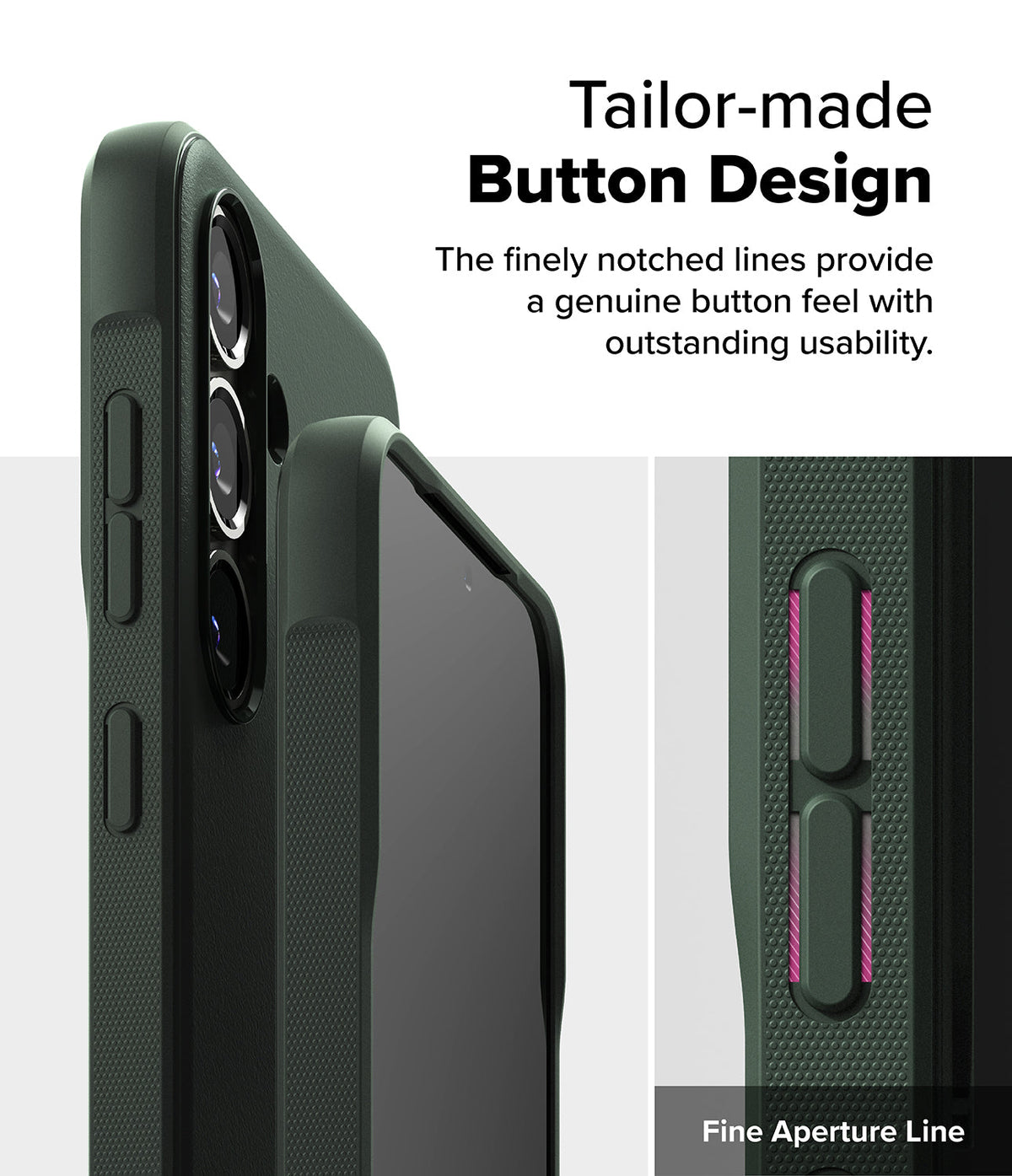 Galaxy S25 Plus Case | Onyx - Close-up of dark green phone case buttons with textured, notched detailing for tactile feedback.