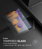 Galaxy Tab S10 Plus / Tab S9 Plus / Tab S8 Plus / Tab S7 Plus / Tab S7 FE | Invisible Defender Glass - Tempered glass screen protector hovering over a Samsung tablet with a stylus on a dark desk.
