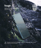 Galaxy Tab S6 Lite Case | Fusion - Clear tablet case on dark, rugged rocks with military-grade drop protection badge.