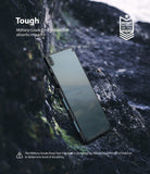 Galaxy Tab S6 Lite Case | Fusion - Tablet in protective case resting on dark, rugged rocks with military-grade drop protection badge.