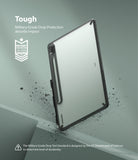 Galaxy Tab S7 FE Case | Fusion - A clear tablet case with a black frame and stylus holder against a dusty, sage green background.