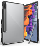 Galaxy Tab S8 / Tab S7 Case | Fusion - Clear protective case with black frame and S Pen holder on a Samsung tablet.