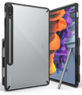 Galaxy Tab S8 / Tab S7 Case | Fusion - Clear protective case with black frame and S Pen holder on a Samsung tablet.