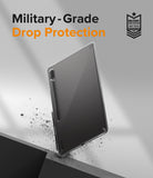 Galaxy Tab S8 Ultra Case | Fusion - Clear tablet case with S Pen holder, floating above debris with military-grade protection text.