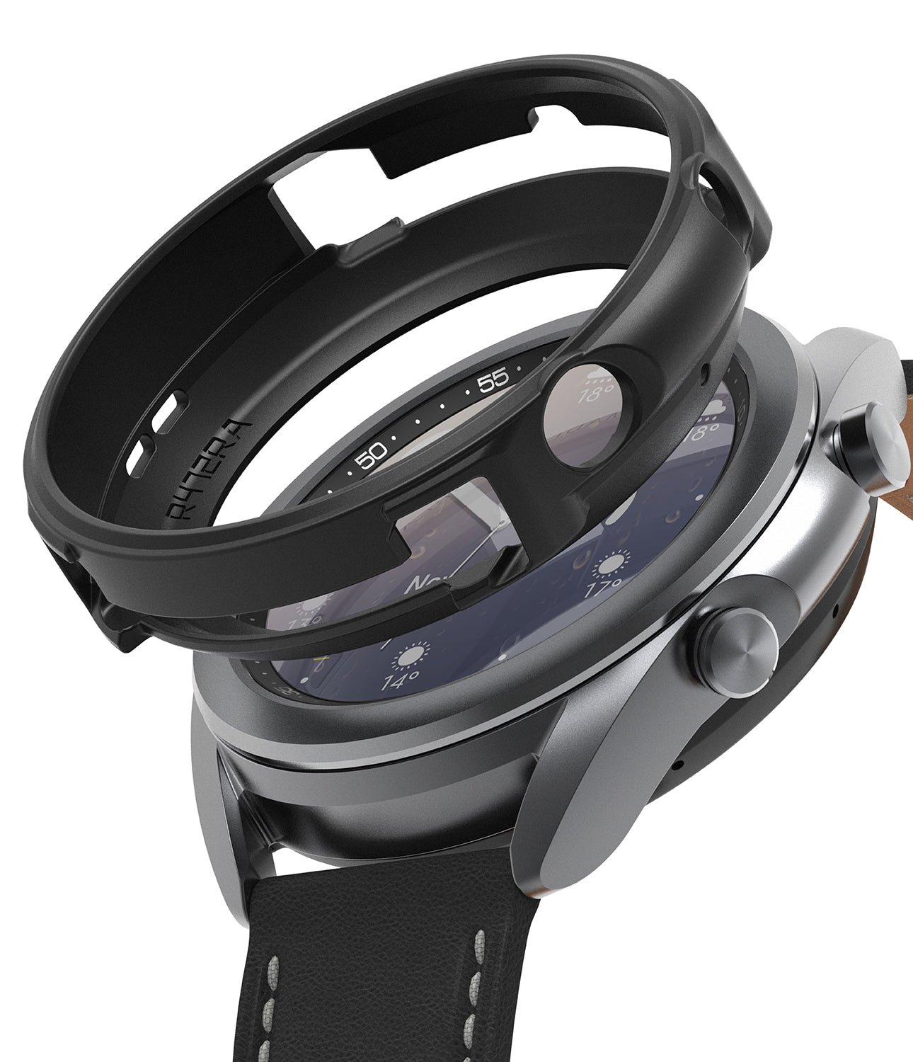 Galaxy Watch 3 41mm Case | Air Sports - Black protective case hovering above a silver Galaxy Watch 3 with a leather strap.