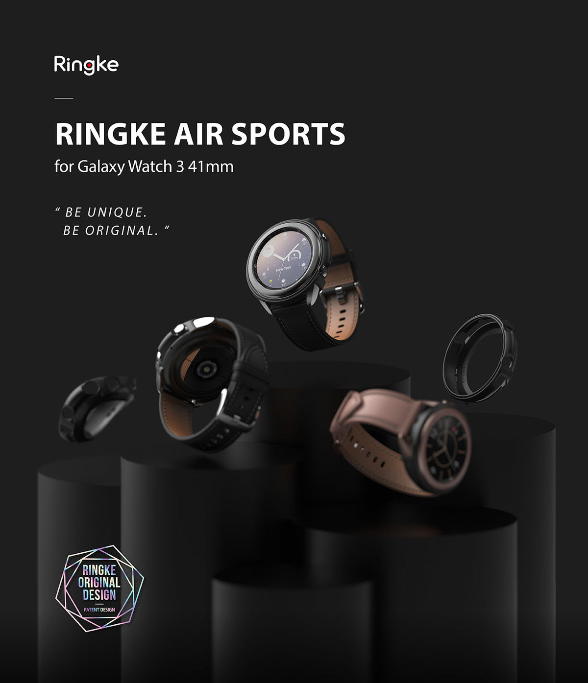 Galaxy Watch 3 41mm Case | Air Sports - Floating Galaxy Watch 3 units and a protective case on black cylindrical pedestals.