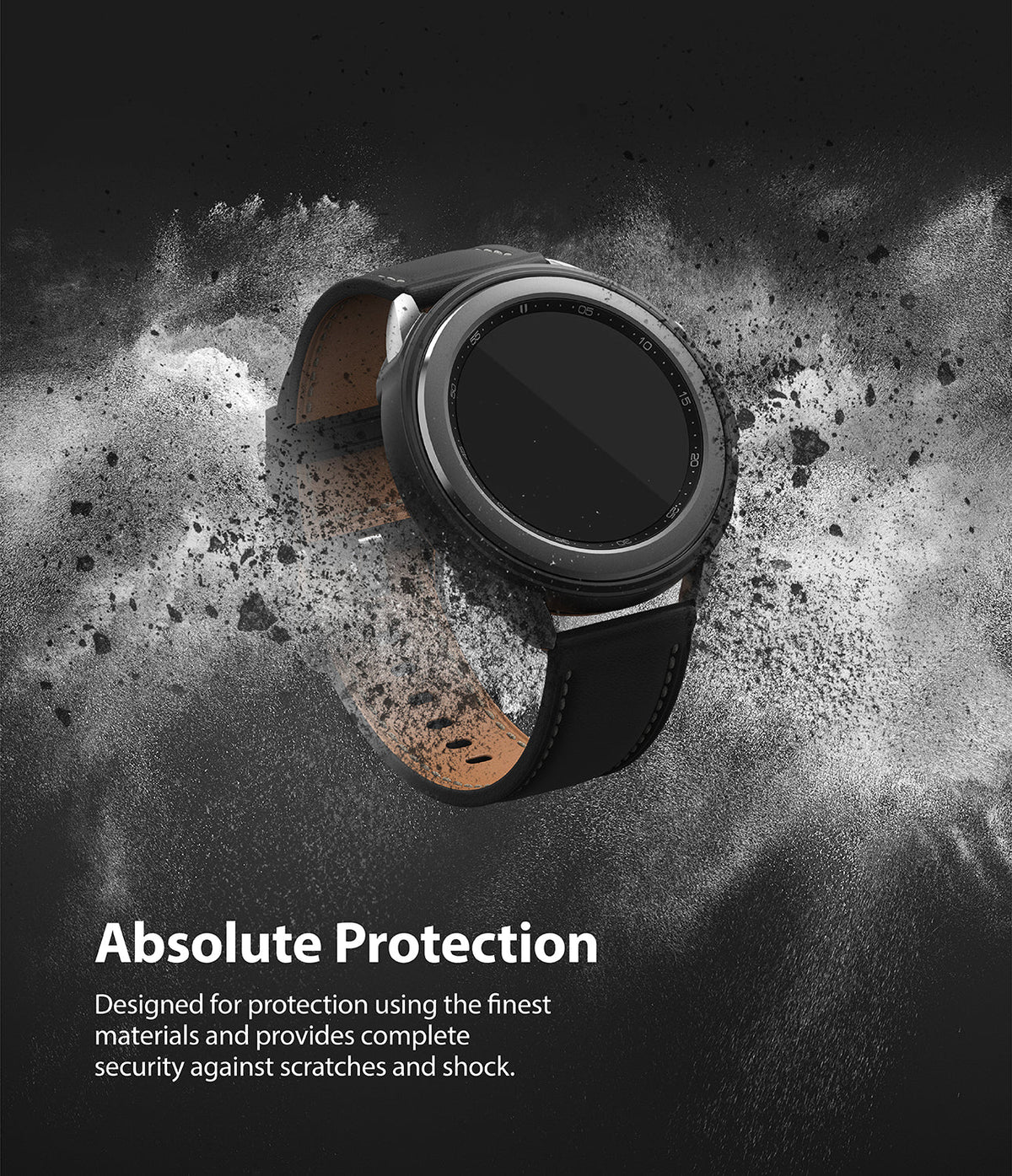 Galaxy Watch 3 41mm Case | Air Sports - Black smartwatch with protective case surrounded by a dynamic dust explosion.