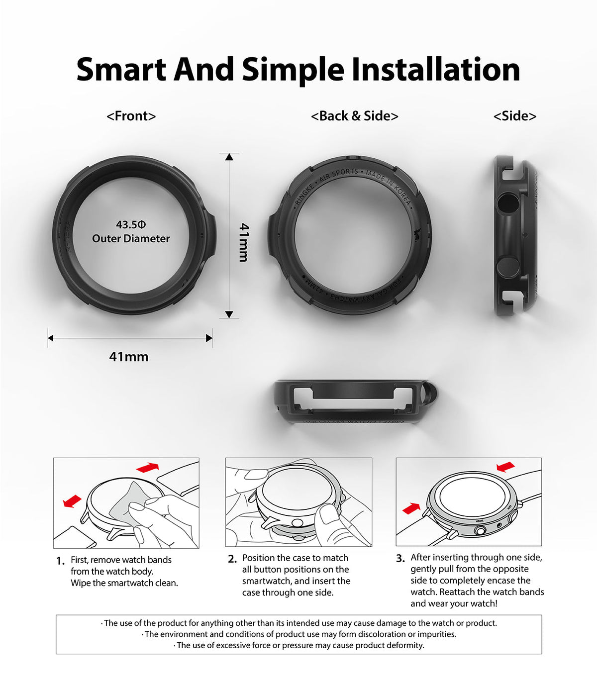 Galaxy Watch 3 41mm Case | Air Sports - Technical diagrams and three-step installation guide for a black smartwatch case.