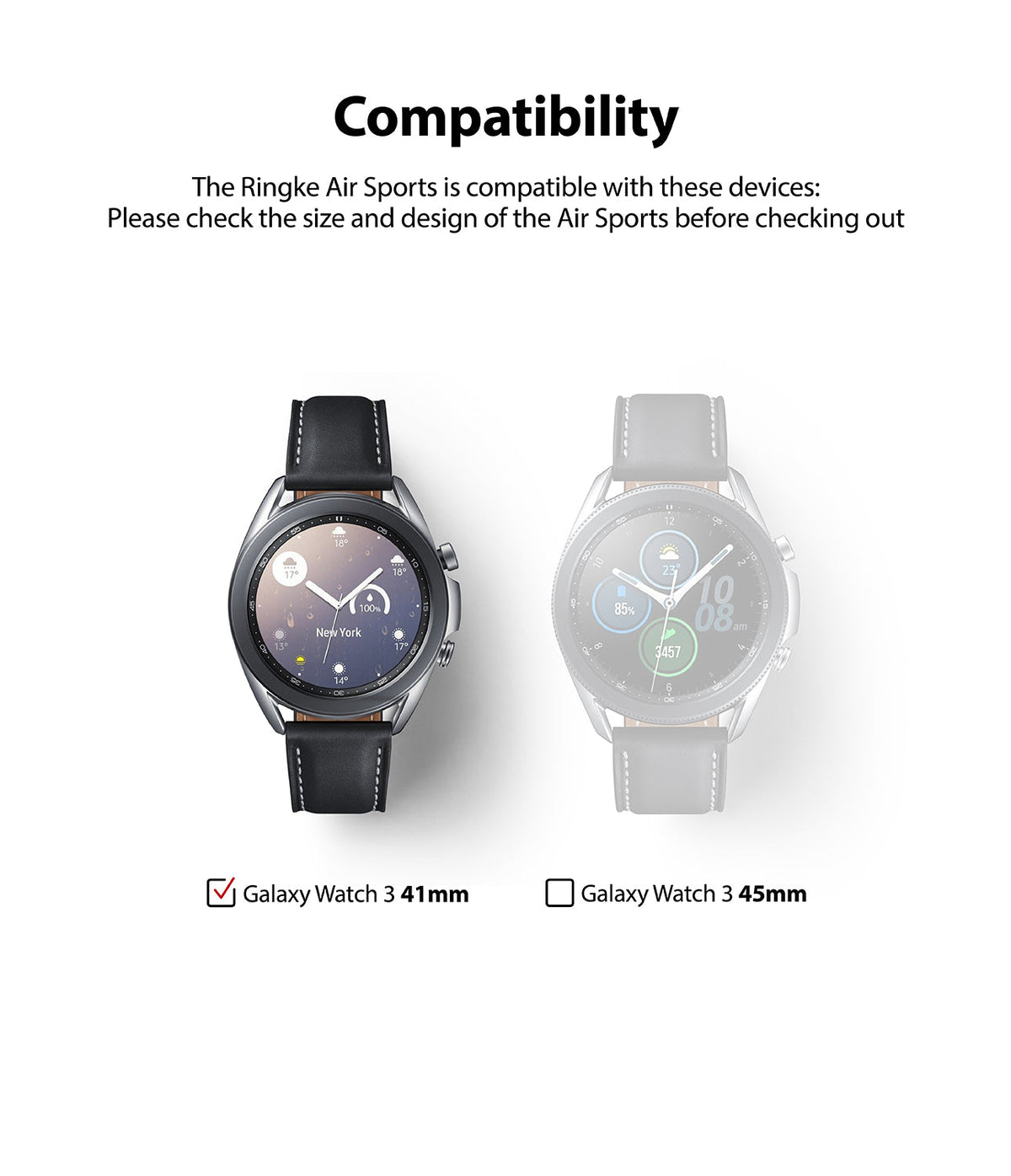 Galaxy Watch 3 41mm Case | Air Sports - Compatibility chart showing Galaxy Watch 3 41mm selected vs 45mm grayed out.