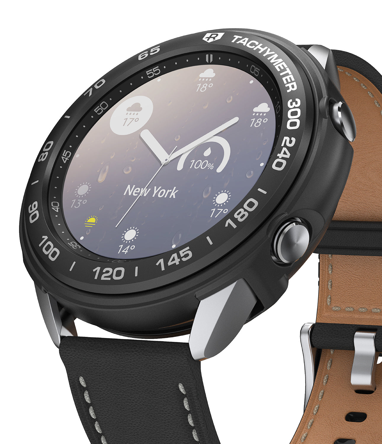 Galaxy Watch 3 41mm | Air Sports + Bezel Styling 10 - Black tachymeter bezel on a smartwatch with a weather-themed face.