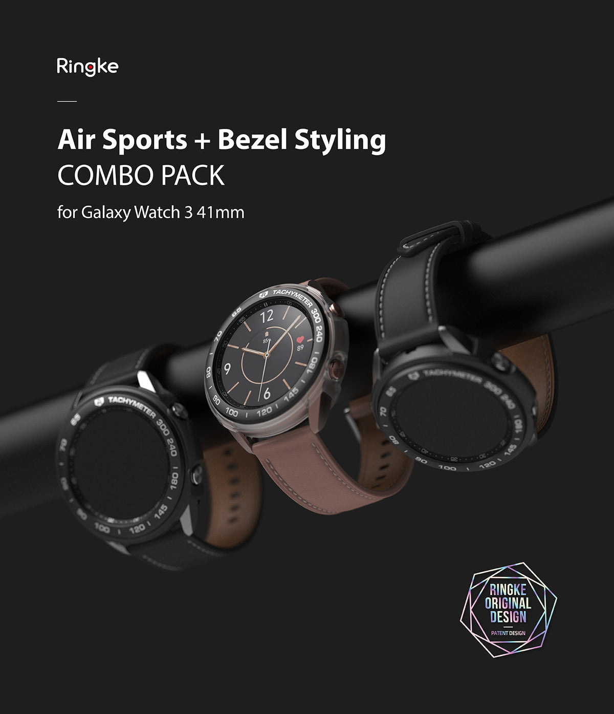 Galaxy Watch 3 41mm | Air Sports + Bezel Styling 10 - Three Galaxy Watch 3 units with protective bezels on a black bar.