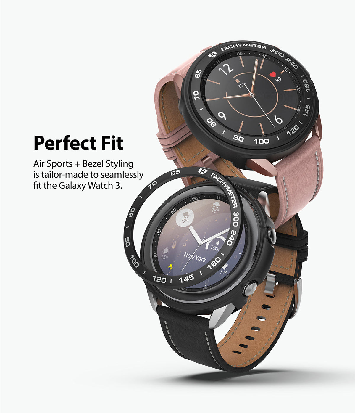 Galaxy Watch 3 41mm | Air Sports + Bezel Styling 10 - Two Galaxy Watch 3 units with black tachymeter bezel rings.
