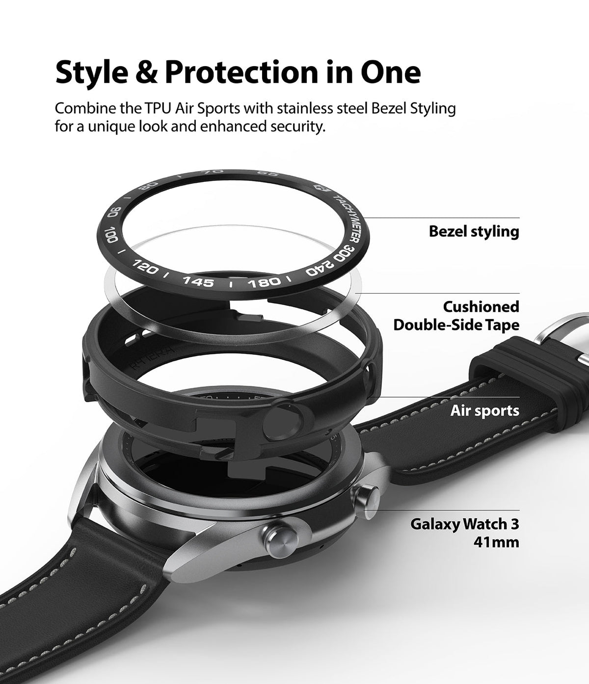 Galaxy Watch 3 41mm | Air Sports + Bezel Styling 10 - Galaxy Watch 3 41mm - Exploded view of watch, Air Sports case, adhesive, and bezel styling ring with labels.
