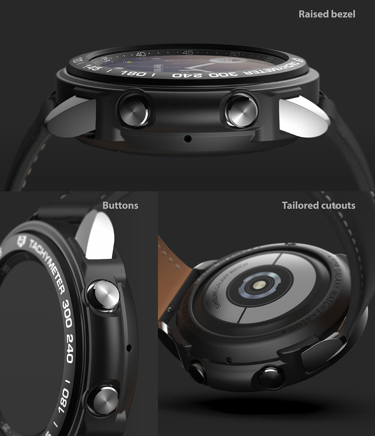 Galaxy Watch 3 41mm | Air Sports + Bezel Styling 10 - Close-up views of a black watch case with a tachymeter bezel.