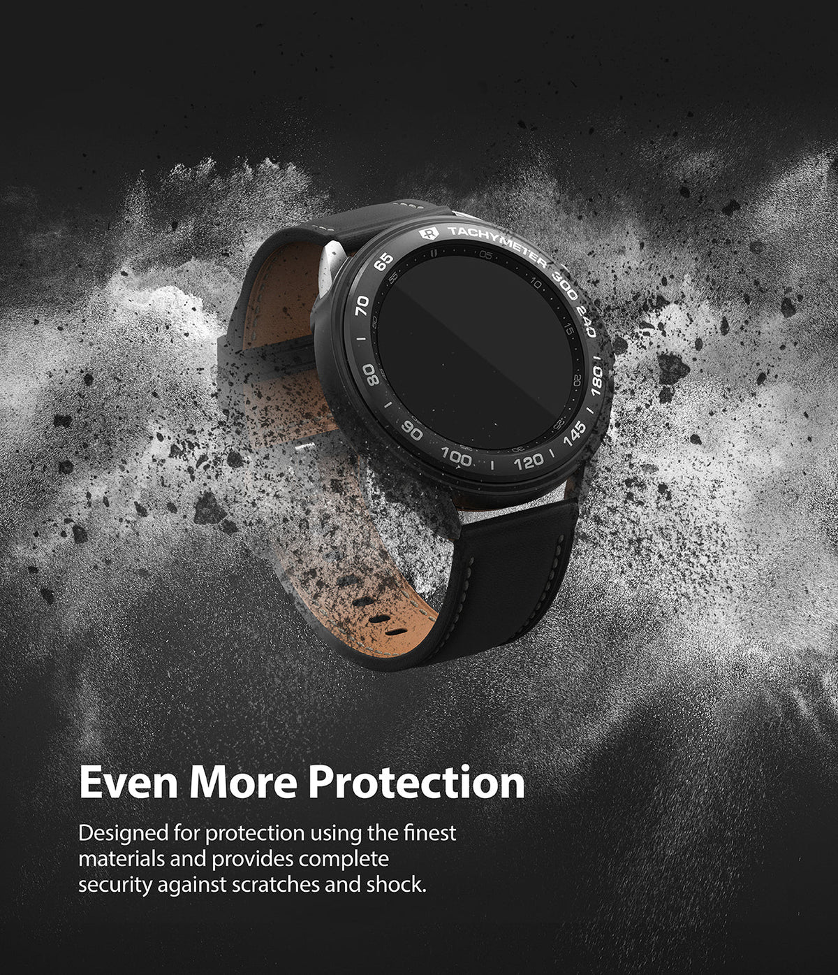 Galaxy Watch 3 41mm | Air Sports + Bezel Styling 10 - Black smartwatch with tachymeter bezel surrounded by dust clouds.