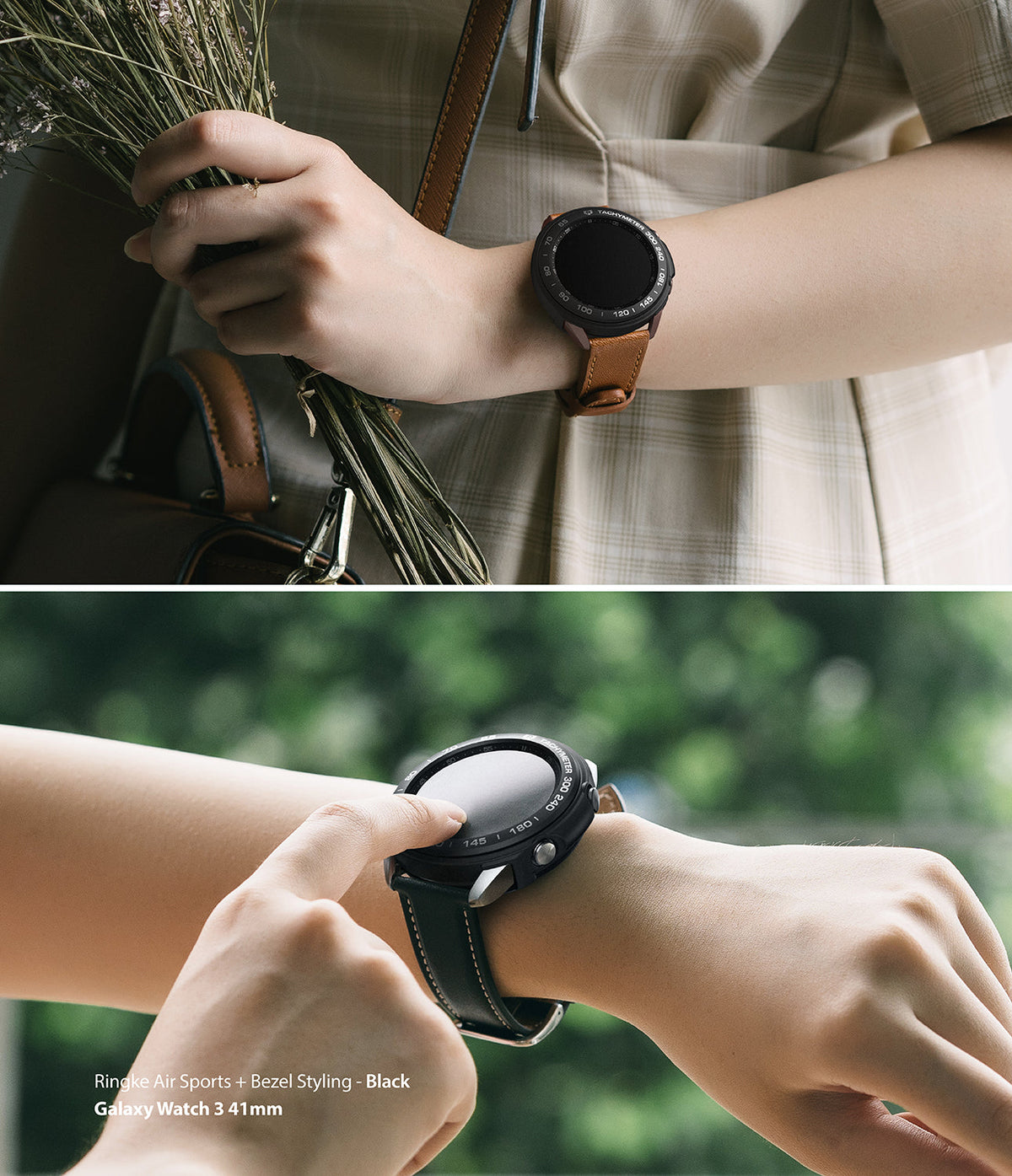Galaxy Watch 3 41mm | Air Sports + Bezel Styling 10 - Person wearing a black Galaxy Watch 3 with a tachymeter bezel.