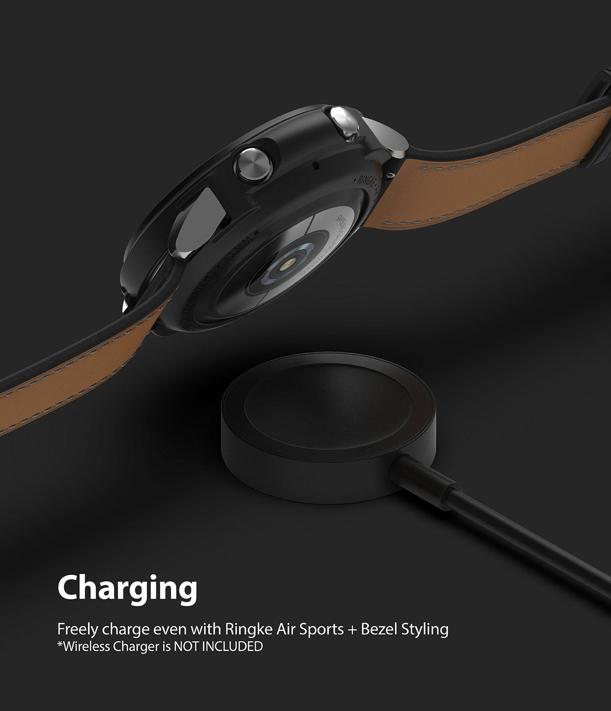 Galaxy Watch 3 41mm | Air Sports + Bezel Styling 10 - Black smartwatch with brown leather strap hovering above a charger.