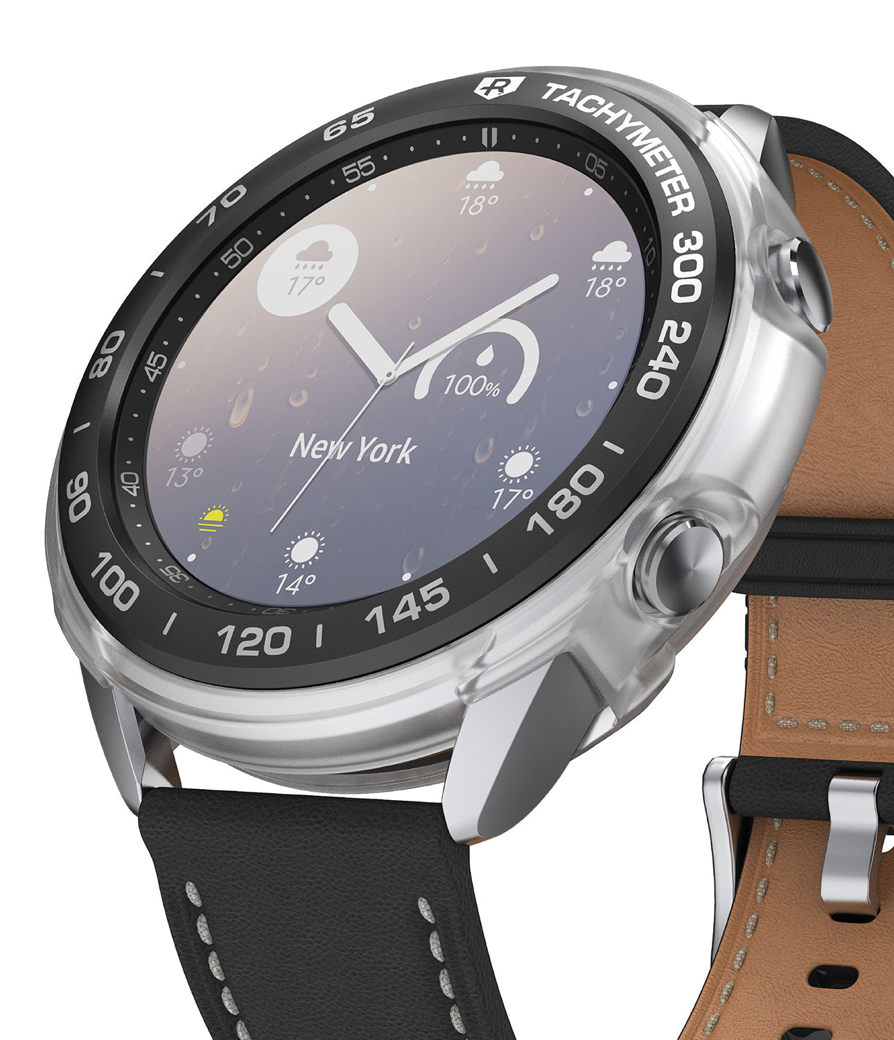 Galaxy Watch 3 41mm | Air Sports + Bezel Styling 10 - Silver watch with black tachymeter bezel and black leather strap.