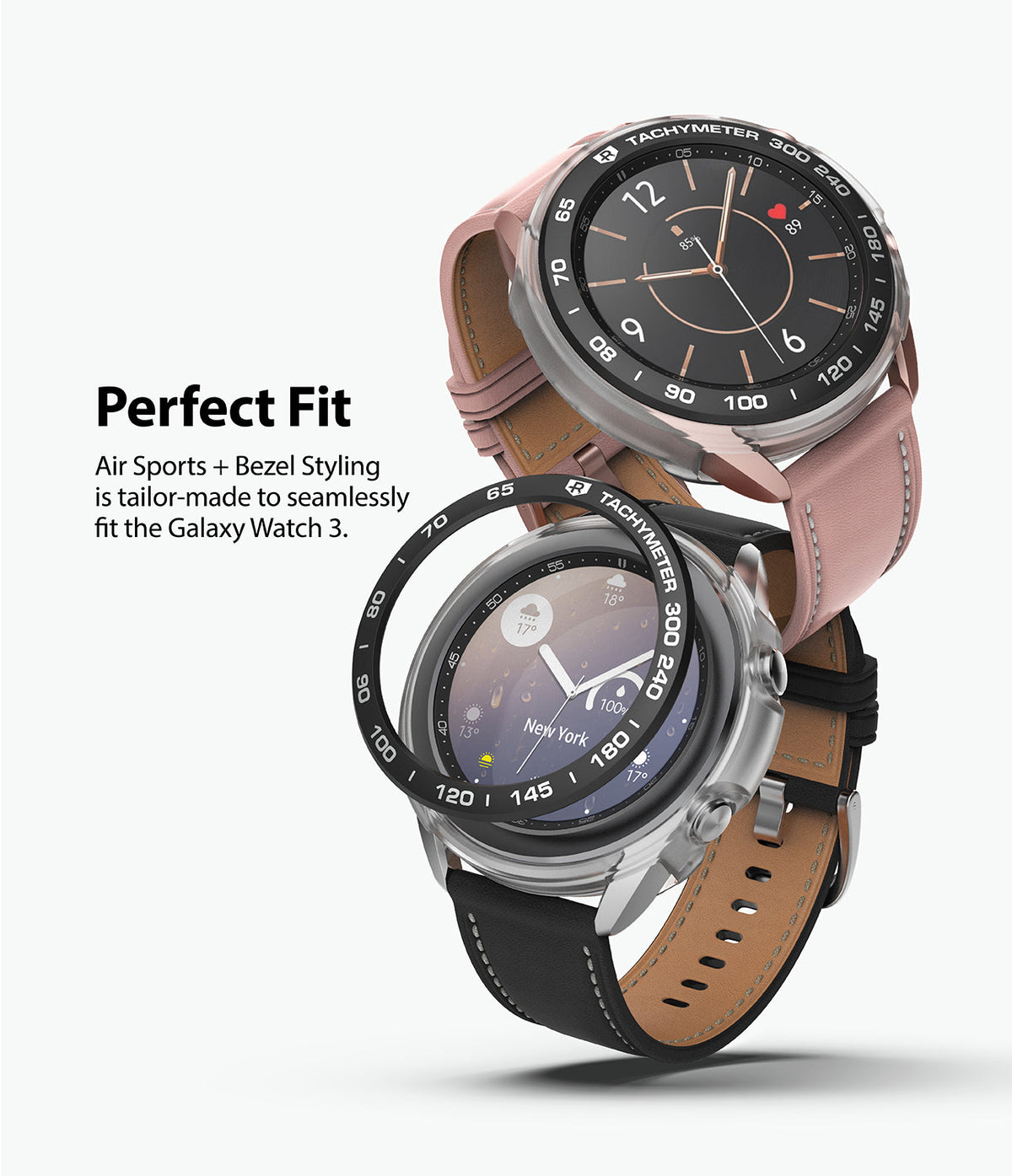 Galaxy Watch 3 41mm | Air Sports + Bezel Styling 10 - Two Galaxy Watches with protective cases and tachymeter bezels.