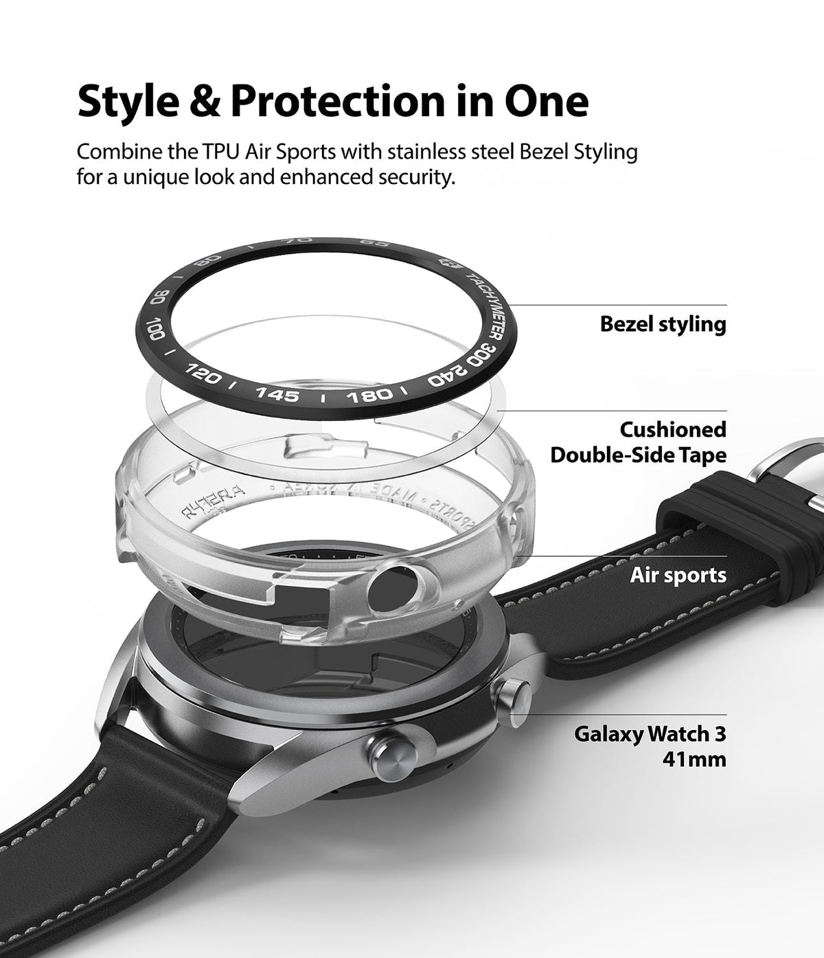 Galaxy Watch 3 41mm | Air Sports + Bezel Styling 10 - Exploded view of watch bezel, protective case, and smartwatch.