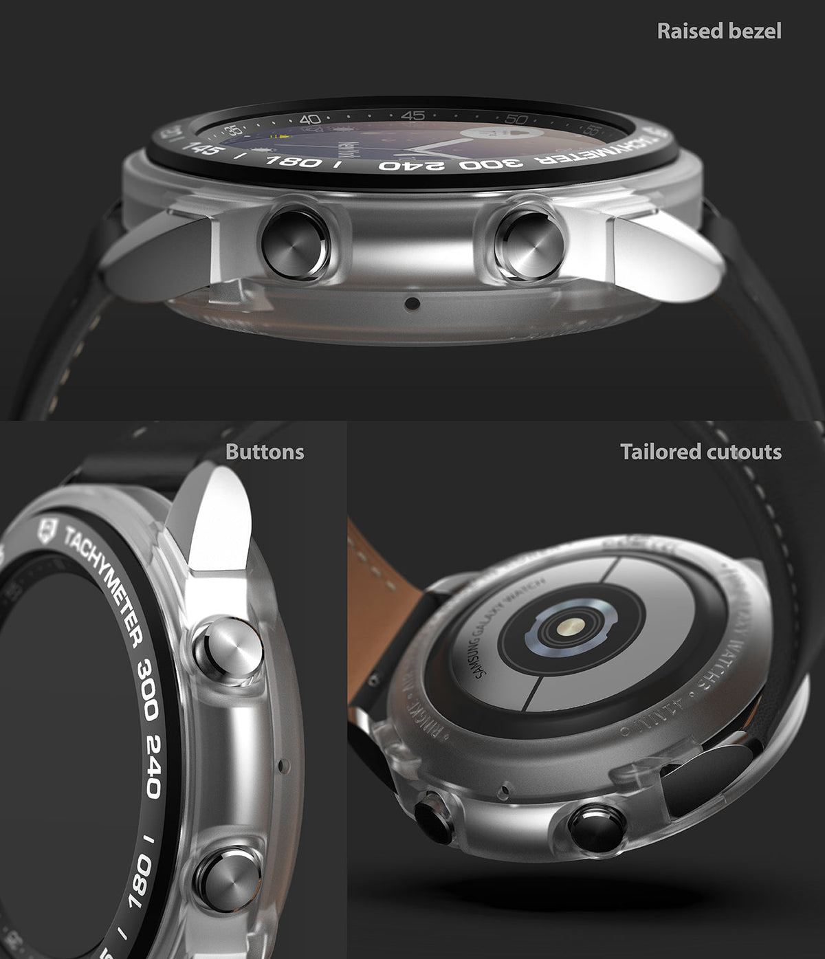 Galaxy Watch 3 41mm | Air Sports + Bezel Styling 10 - Close-up views of a smartwatch with a protective bezel and case.