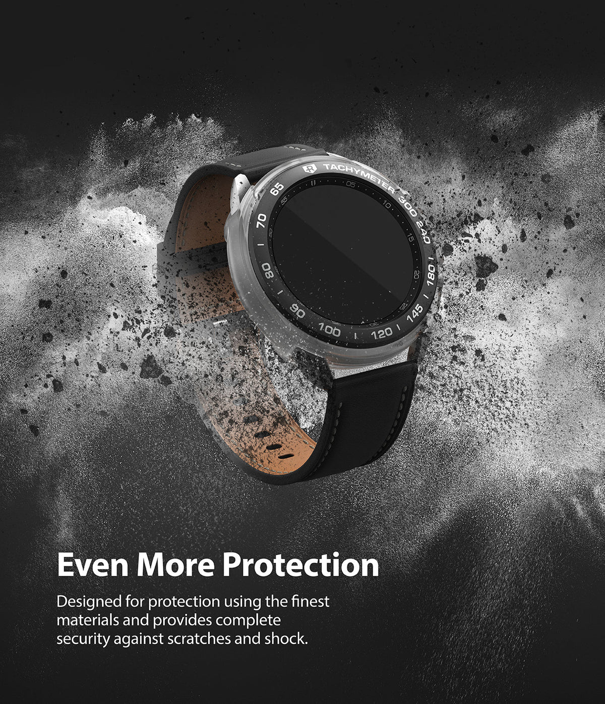 Galaxy Watch 3 41mm | Air Sports + Bezel Styling 10 - Watch with tachymeter bezel styling surrounded by dust particles.