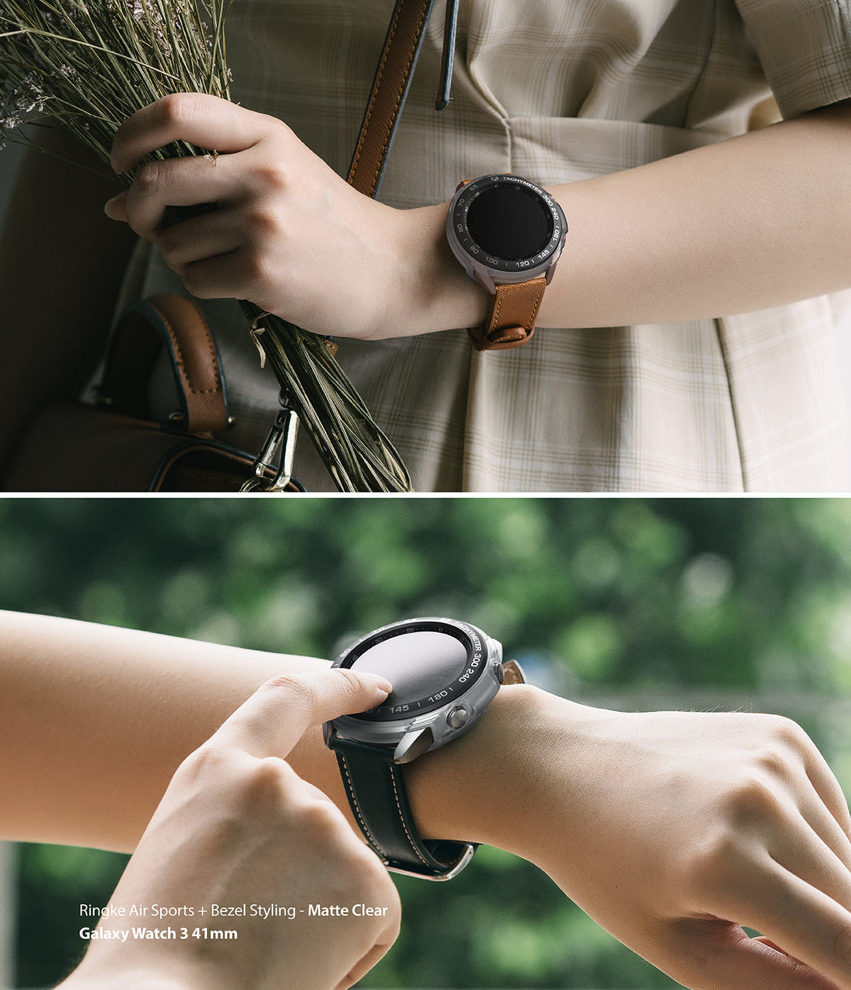 Galaxy Watch 3 41mm | Air Sports + Bezel Styling 10 - A person wearing a Galaxy Watch 3 with a clear case and bezel.