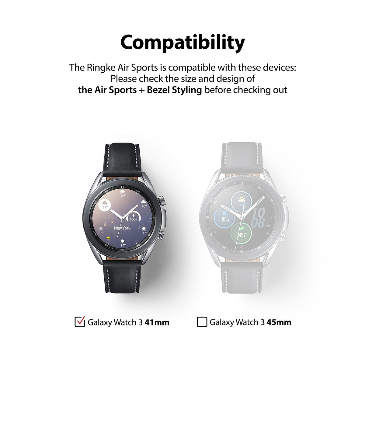 Galaxy Watch 3 41mm | Air Sports + Bezel Styling 10 - Compatibility chart showing 41mm watch selected over 45mm model.