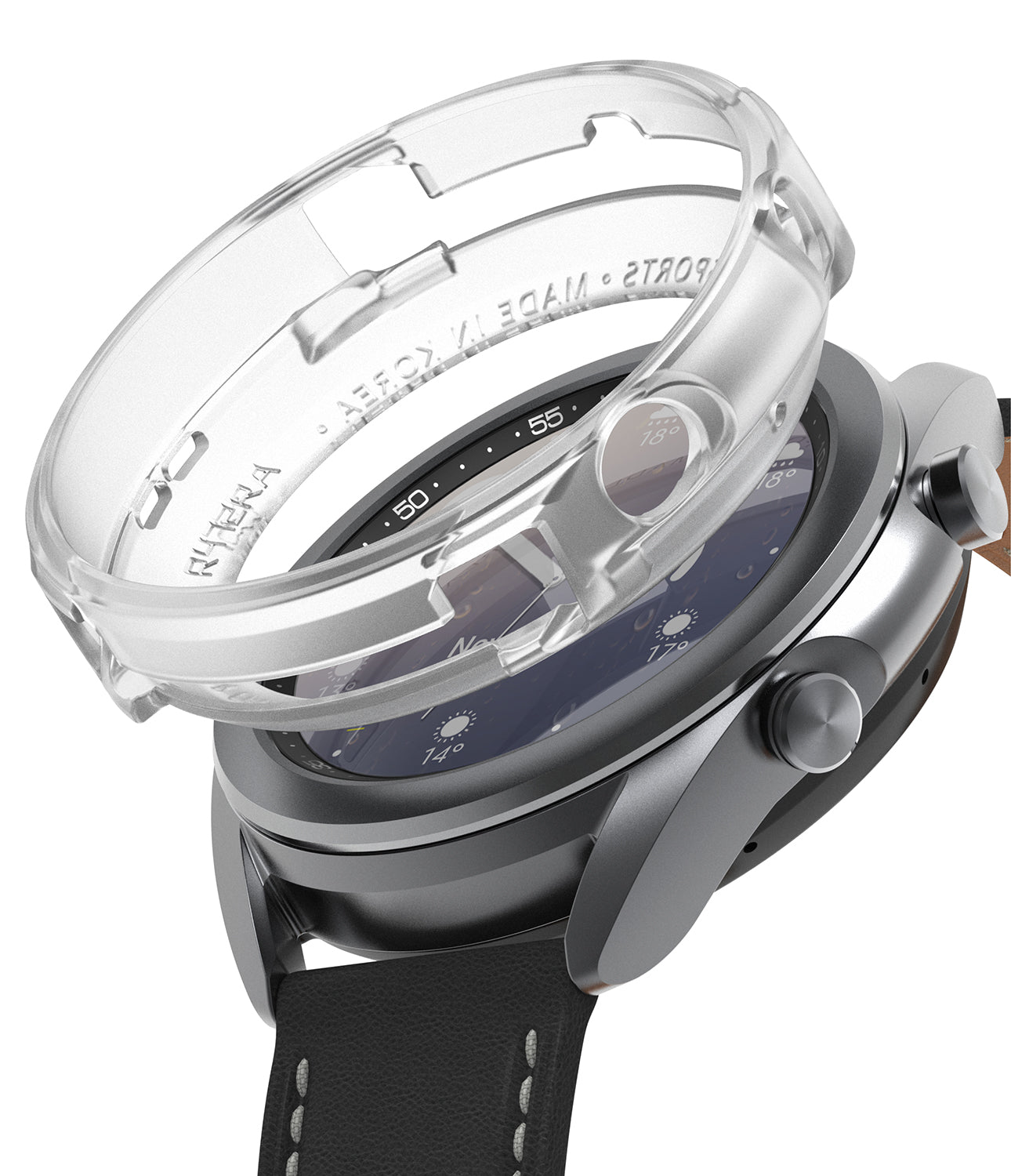 Galaxy Watch 3 41mm Case | Air Sports - A clear protective case hovering above a silver Galaxy Watch 3 with a black strap.
