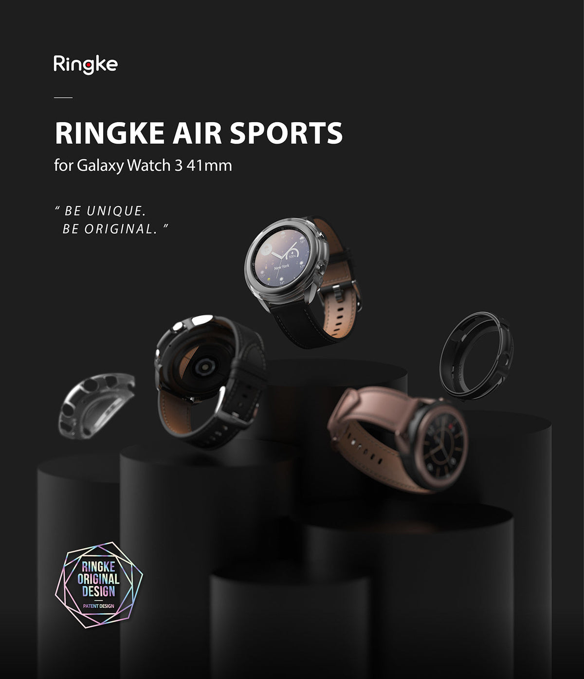 Galaxy Watch 3 41mm Case | Air Sports - Floating Galaxy Watch 3 units and protective cases against a black background.