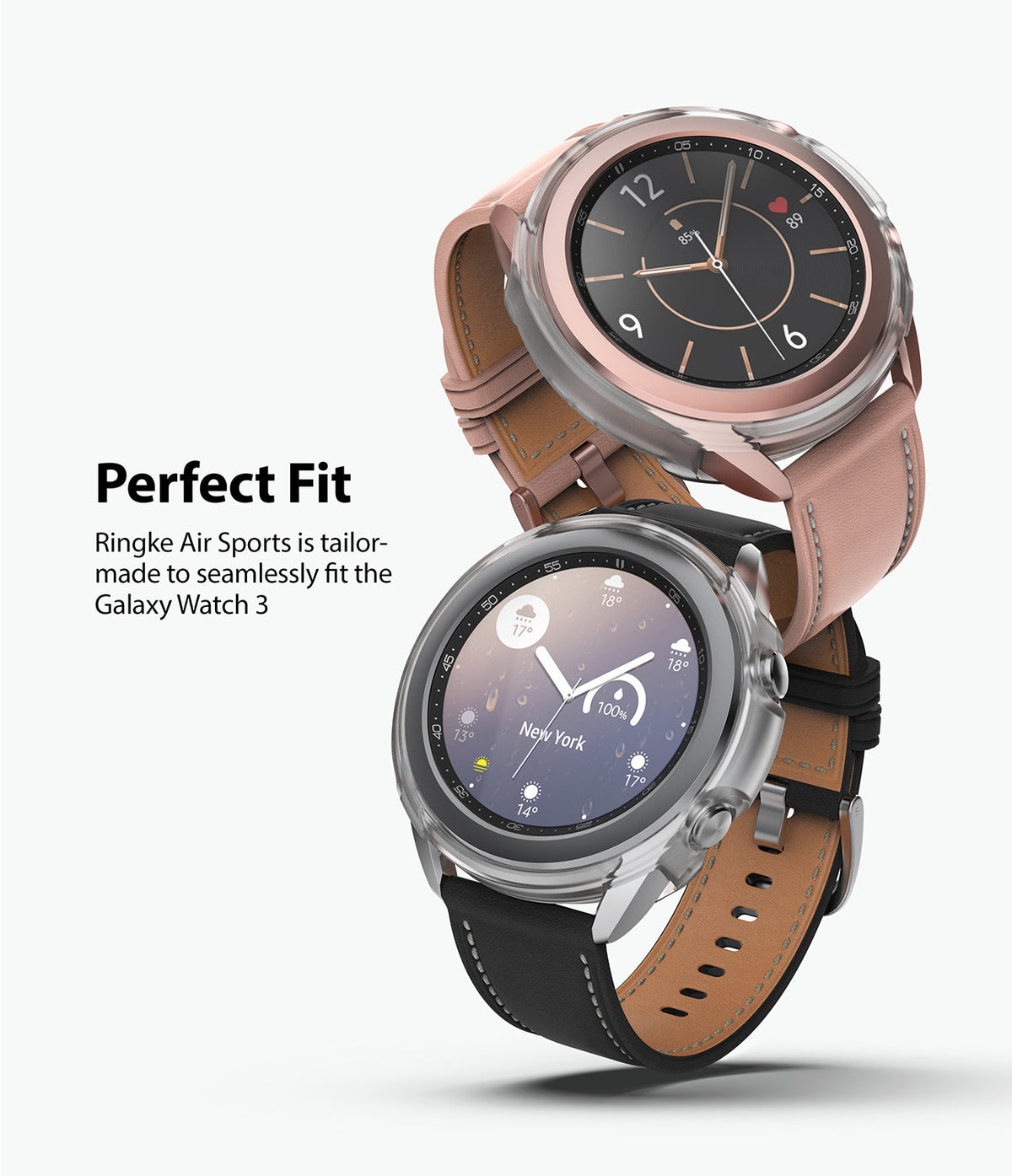 Galaxy Watch 3 41mm Case | Air Sports - Two Galaxy Watch 3 units with clear protective cases and leather straps.