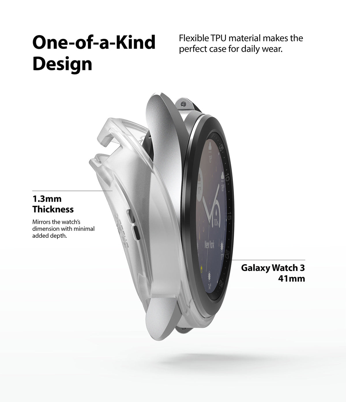 Galaxy Watch 3 41mm Case | Air Sports - Side view of a clear, 1.3mm thin TPU case being placed onto a Galaxy Watch 3.