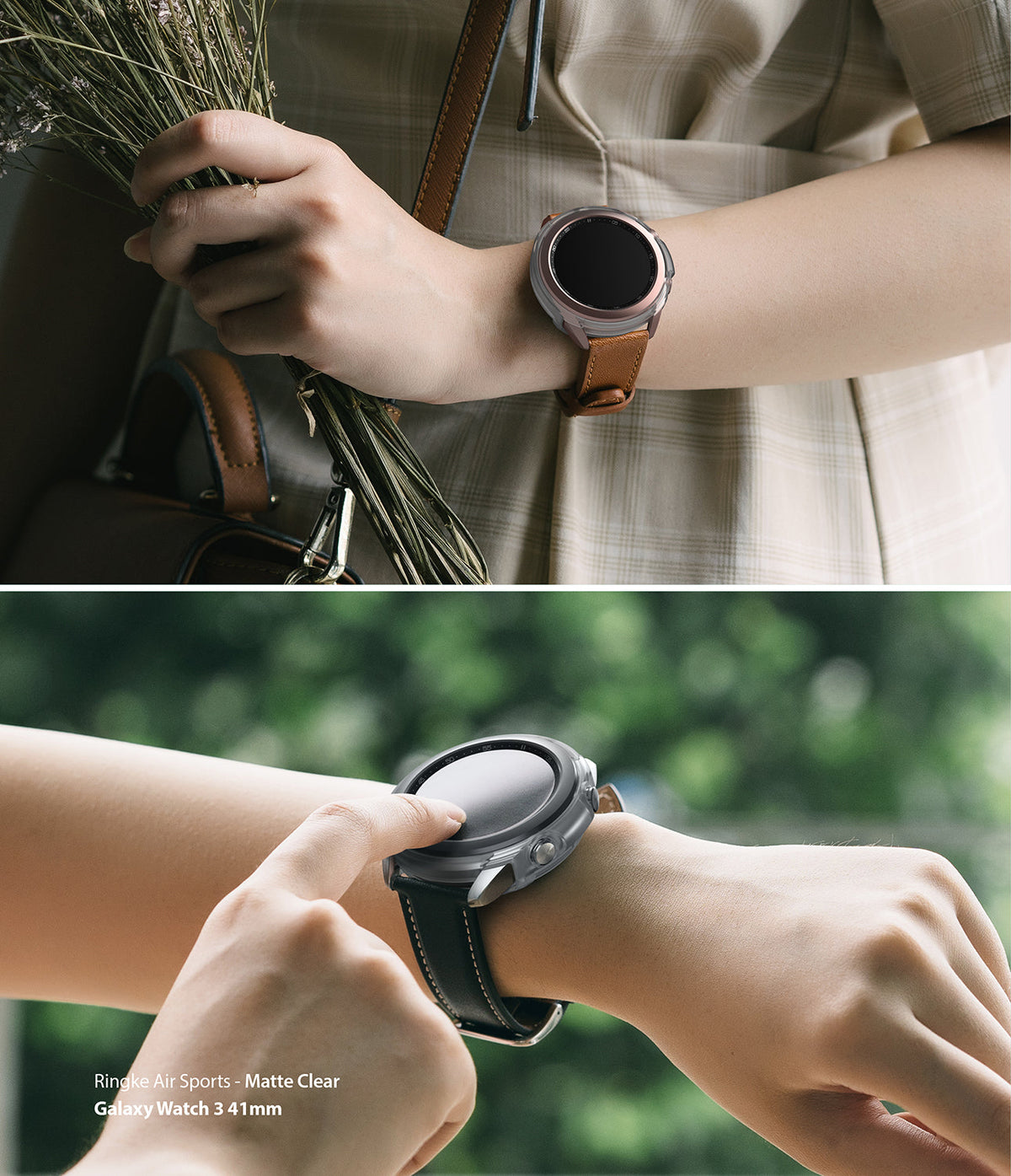 Galaxy Watch 3 41mm Case | Air Sports - Two views of a clear protective watch case worn on a Galaxy Watch 3 41mm.