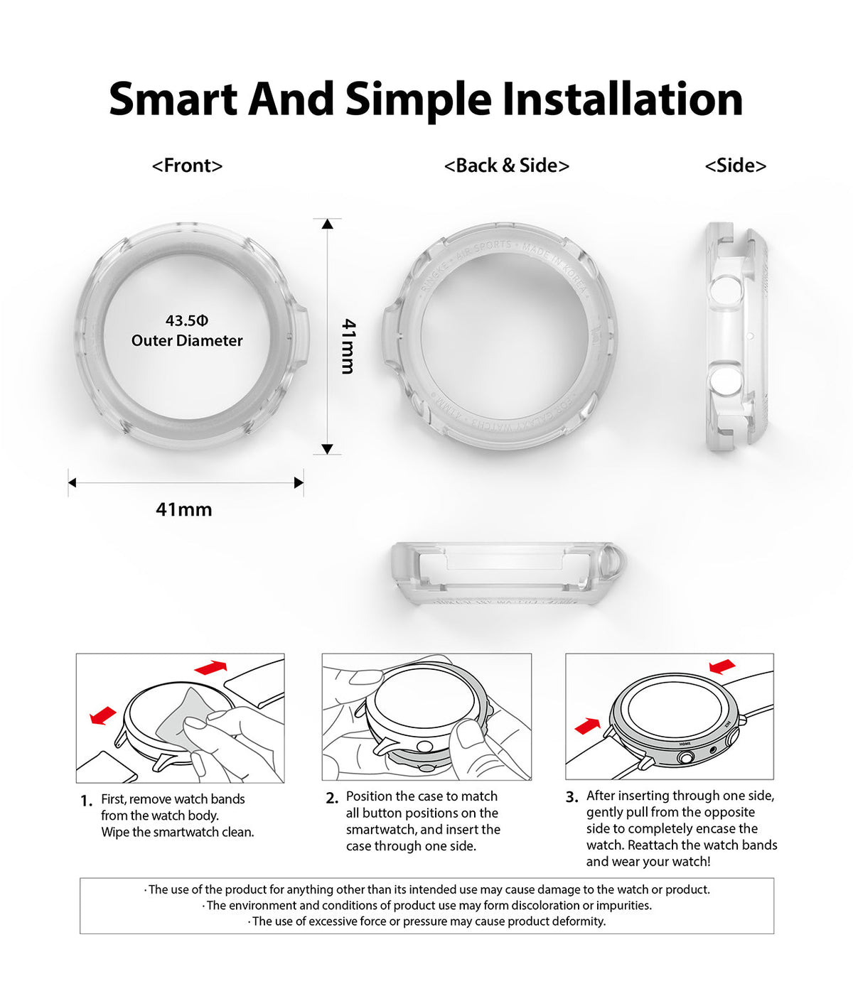 Galaxy Watch 3 41mm Case | Air Sports - Technical diagrams and three-step installation guide for a clear watch case.