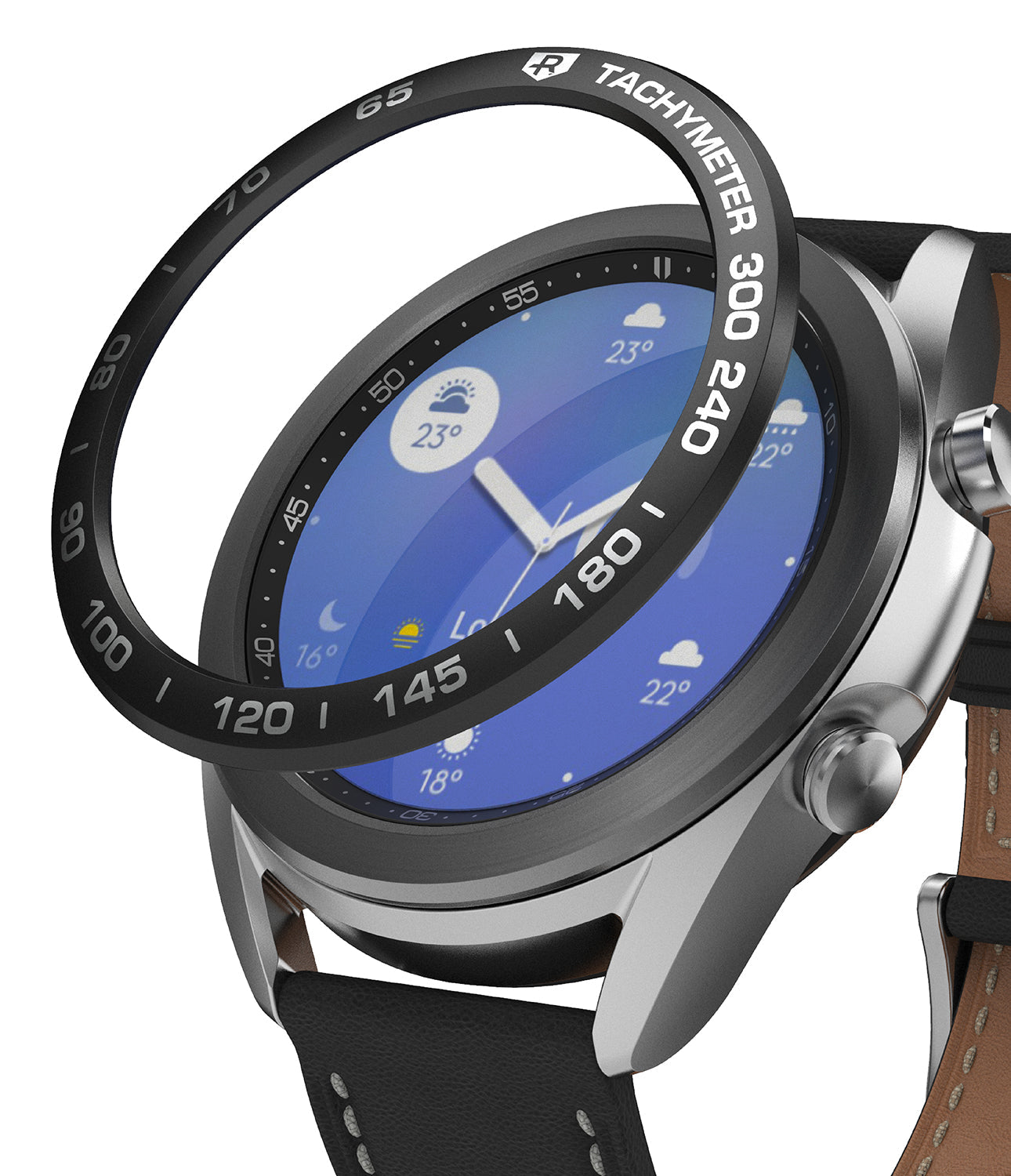 Galaxy Watch 3 (41mm) | Bezel Styling - A black tachymeter bezel ring hovering above a silver Galaxy Watch 3 with a blue face.