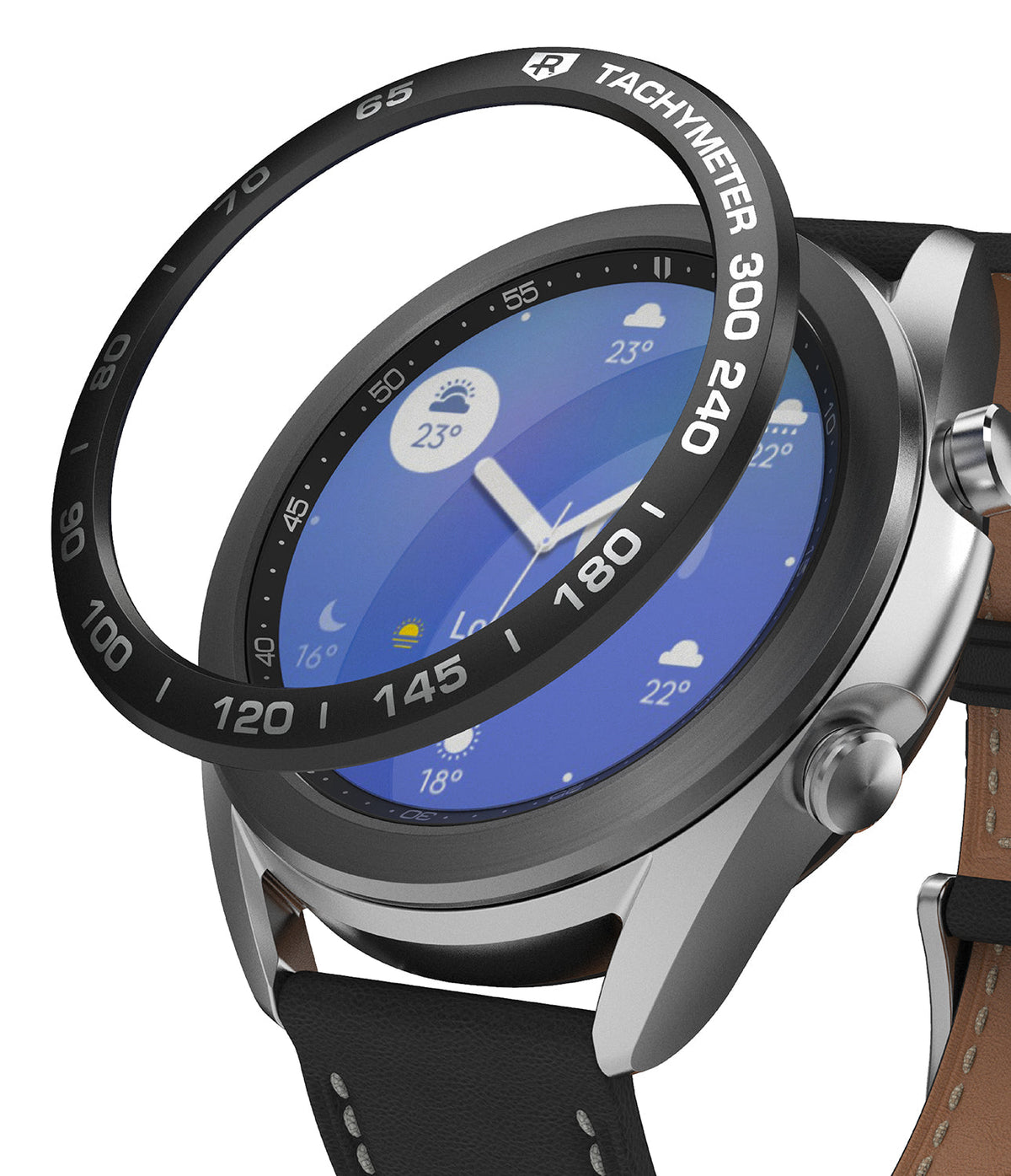Galaxy Watch 3 (41mm) | Bezel Styling - A black tachymeter bezel ring hovering above a silver Galaxy Watch 3 with a blue face.