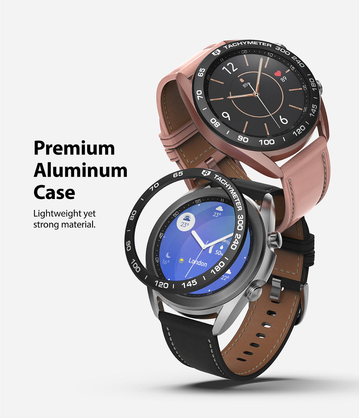 Galaxy Watch 3 (41mm) | Bezel Styling - Two Galaxy Watch 3 units with leather straps and a floating black tachymeter bezel.