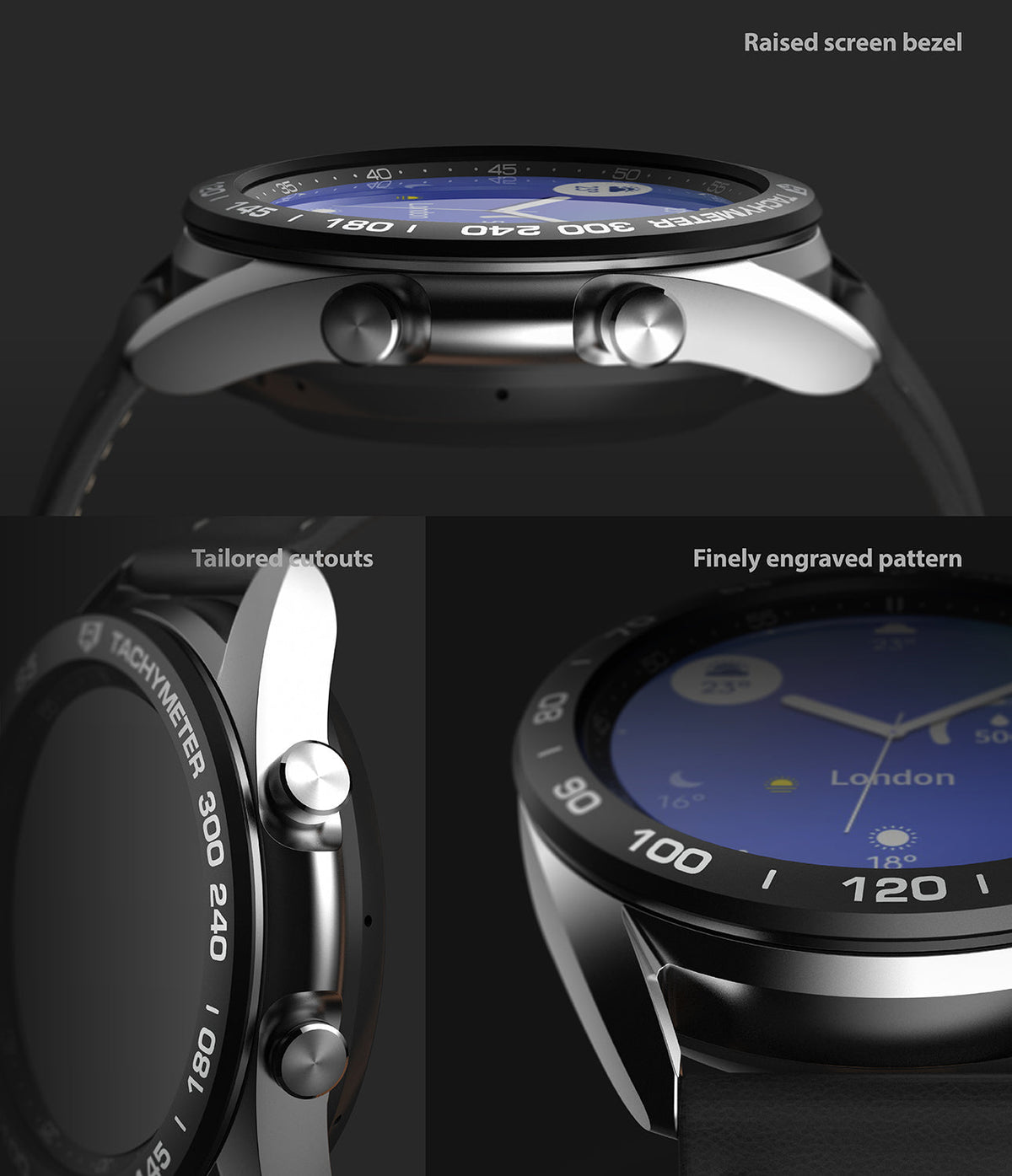 Galaxy Watch 3 (41mm) | Bezel Styling - Close-up views highlighting the raised bezel, tailored cutouts, and engraved pattern.