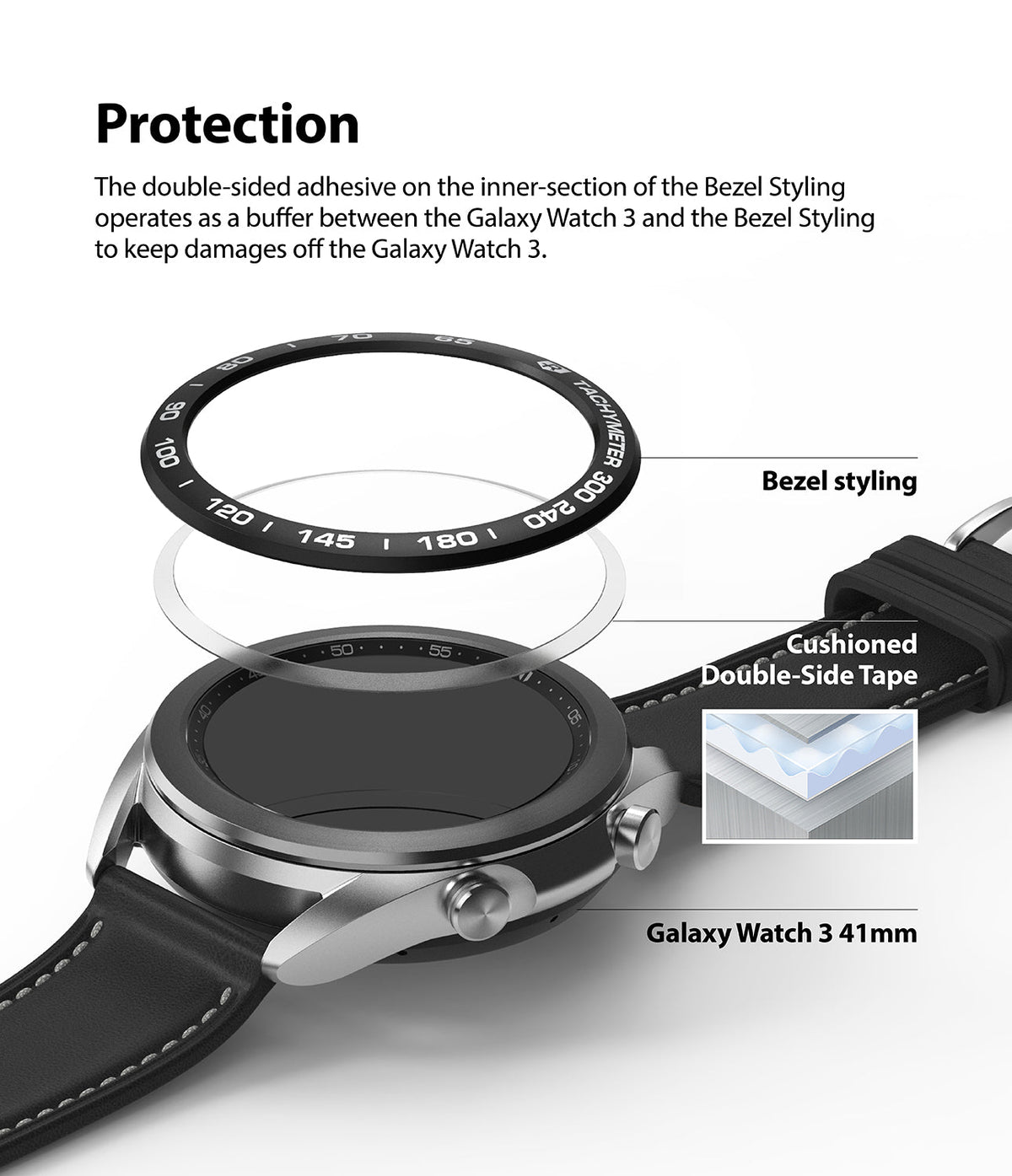 Galaxy Watch 3 (41mm) | Bezel Styling - Exploded view showing a protective bezel ring, adhesive layer, and Galaxy Watch 3.