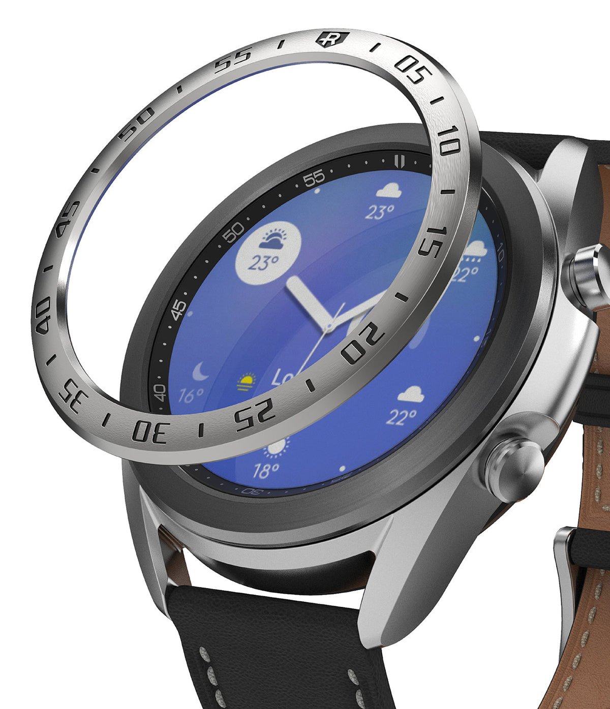 Galaxy Watch 3 (41mm) | Bezel Styling - A metallic bezel ring hovering above a Galaxy Watch 3 with a blue weather display.