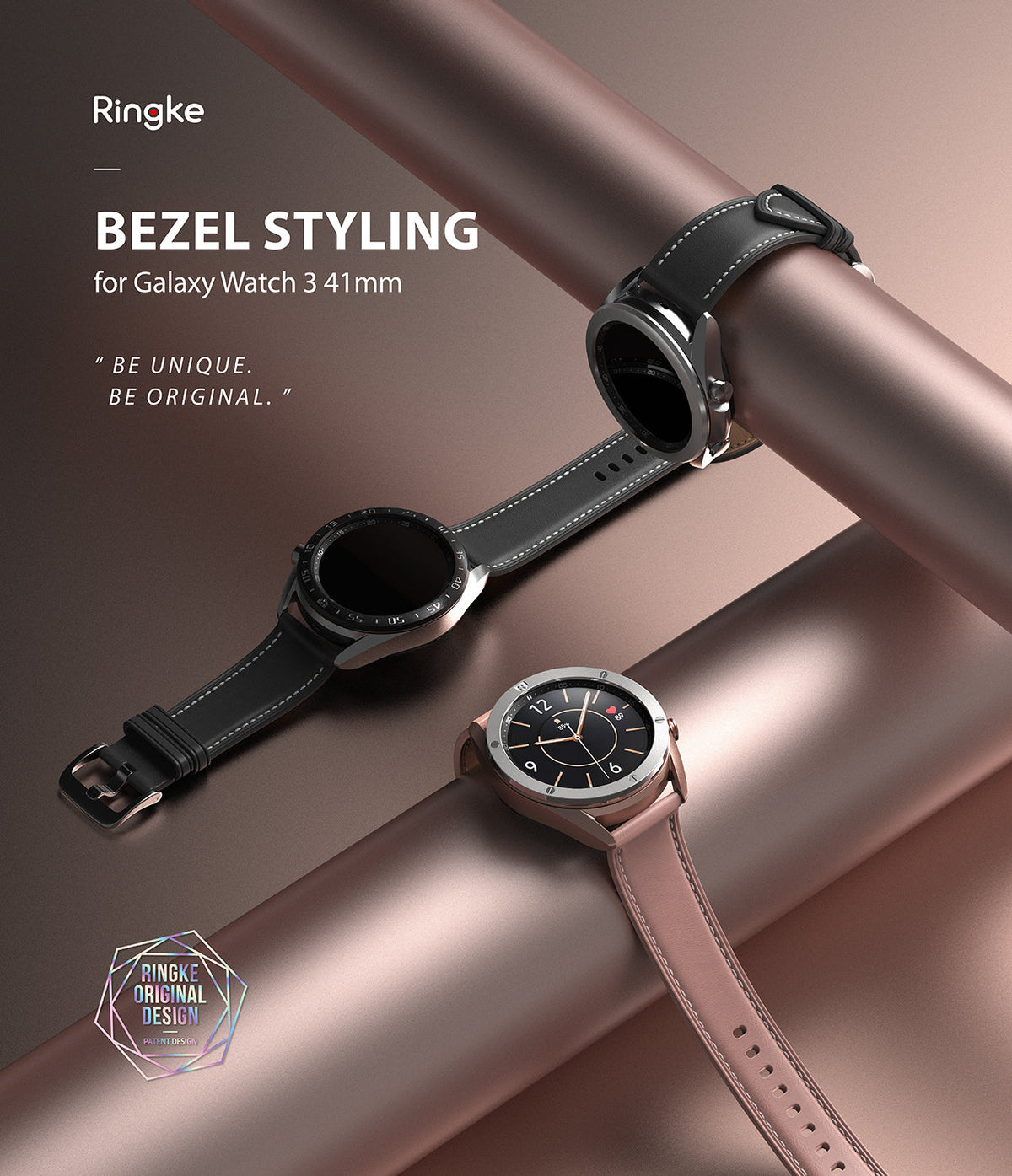Galaxy Watch 3 (41mm) | Bezel Styling - Two Galaxy Watch 3 units with metallic bezel accessories on a rose gold background.