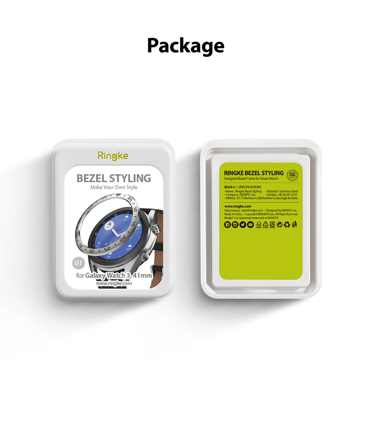 Galaxy Watch 3 (41mm) | Bezel Styling - Two white product packages showing the bezel styling accessory and specifications.