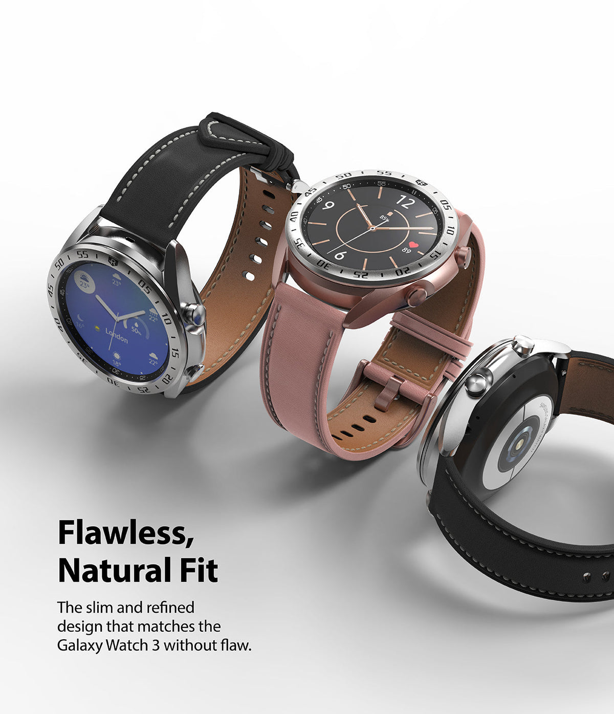 Galaxy Watch 3 (41mm) | Bezel Styling - Three Galaxy Watch 3 units with leather straps shown from various angles on a white background.