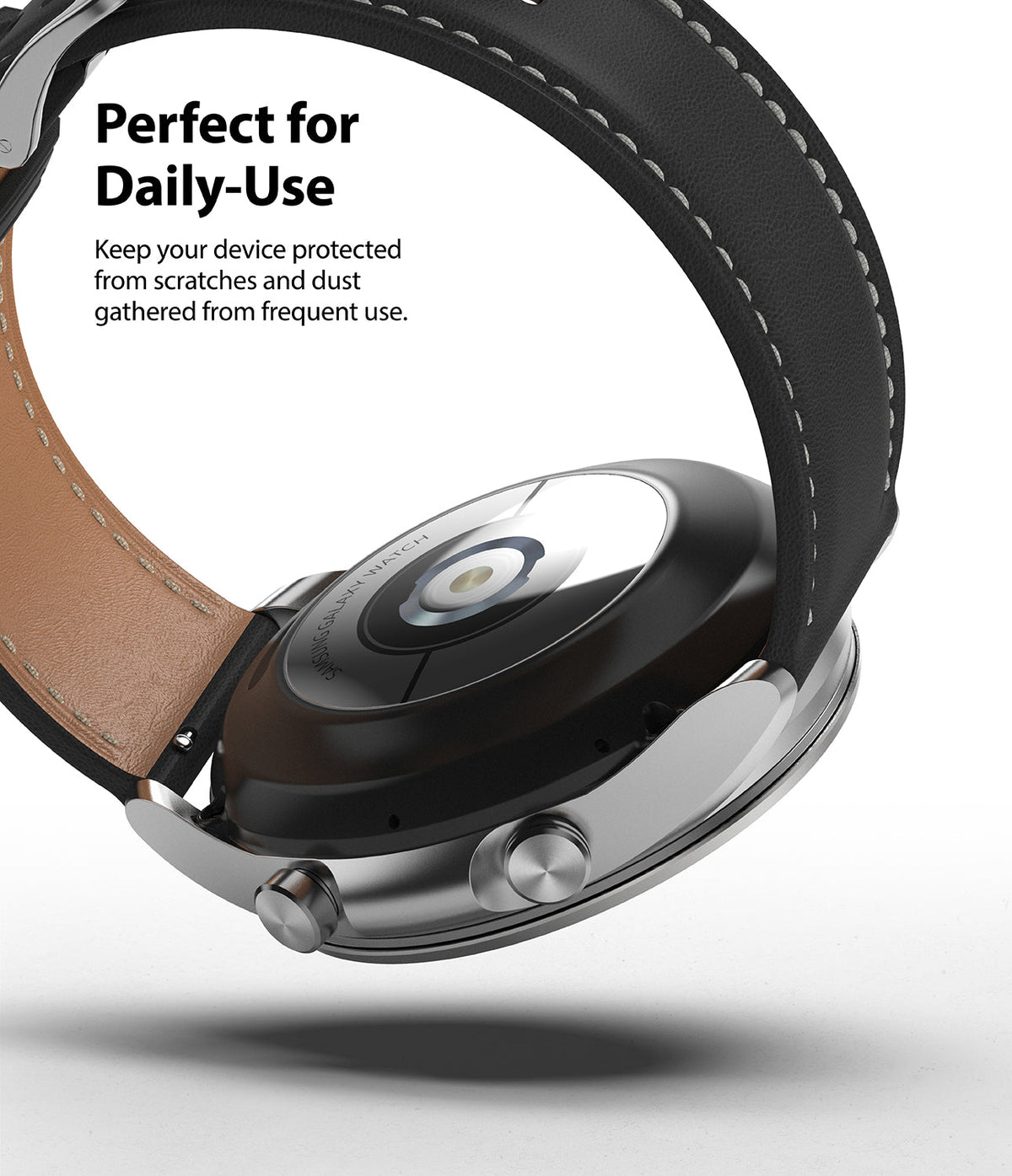 Galaxy Watch 3 (41mm) | Bezel Styling - Underside view of a silver smartwatch with a black leather strap and heart rate sensor.
