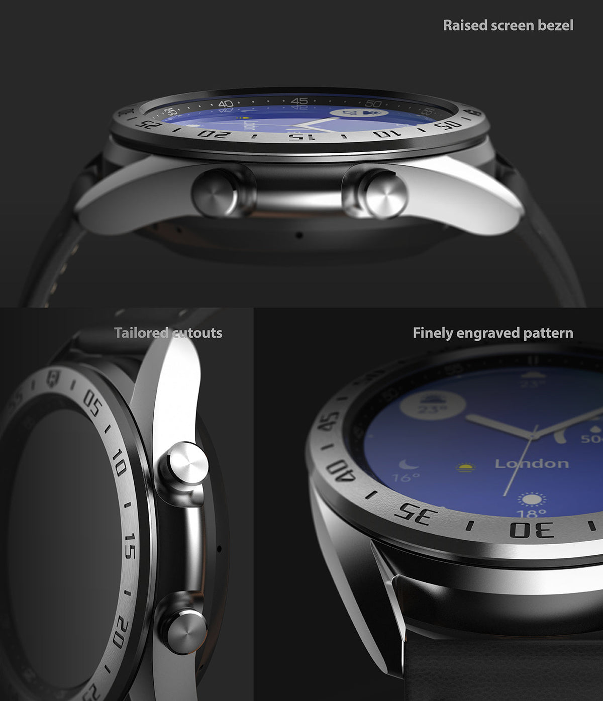 Galaxy Watch 3 (41mm) | Bezel Styling - Close-up views of the watch showing the raised bezel, side buttons, and engraved markings.