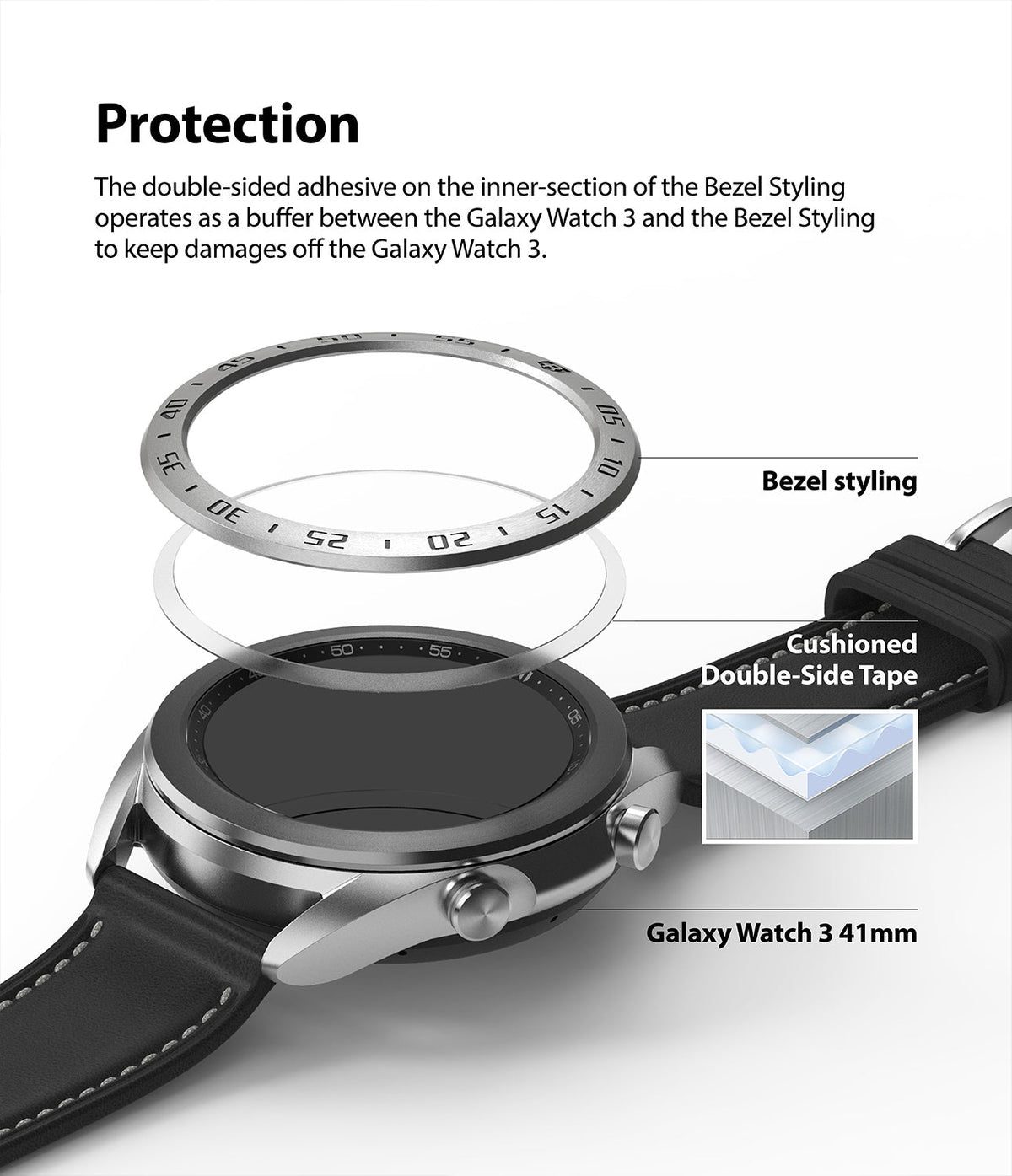 Galaxy Watch 3 (41mm) | Bezel Styling - Exploded view showing a metal bezel ring, adhesive tape, and the smartwatch.